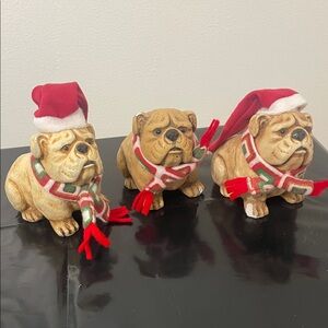 Festive Bulldog Figurines with Santa Hats and Scarves set of 3